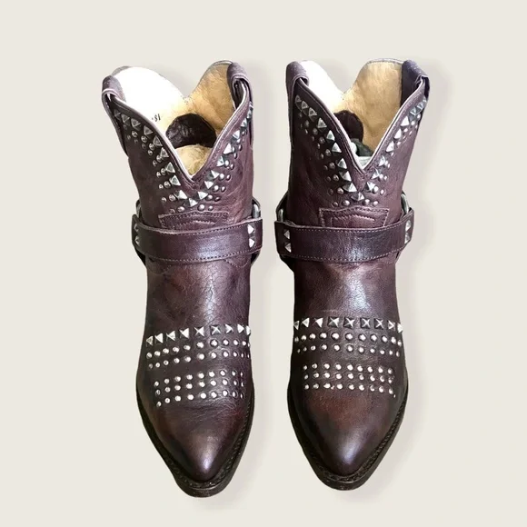 Frye Billy Biker Studded Brown Leather Harness Vintage Festival Moto Ankle Boots - Picture 3 of 9